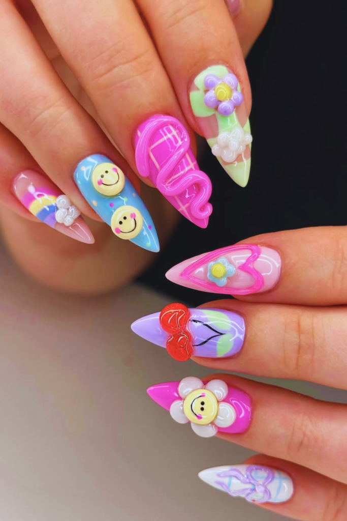 3D gummy funky nails with raised glossy texture and bold nail art design