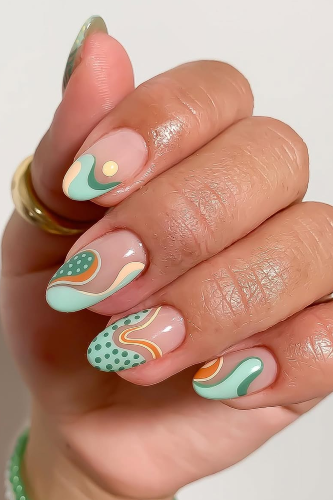 abstract summer birthday nails with bold color shapes and modern nail art design