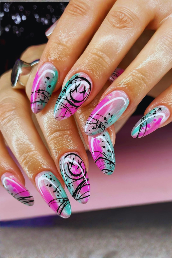 Abstract line art nails with minimal design and bright base color nails