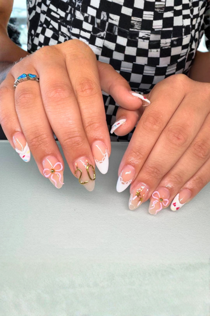 almond shape summer birthday nails with glossy finish and elegant nail design