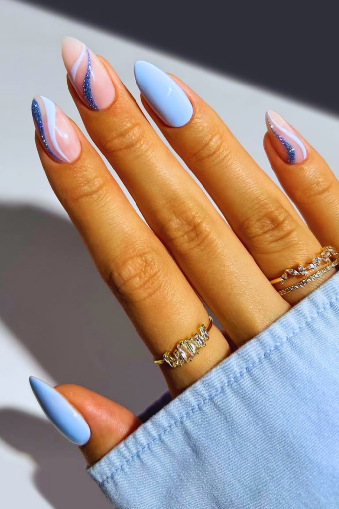blue and white swirl nails beach style summer nail art