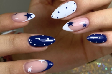 trendy blue nail designs collage with beach nails, chrome nails and swirl nail art