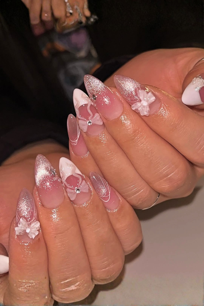 bow detail summer birthday nails with soft 3D design and cute glossy finish