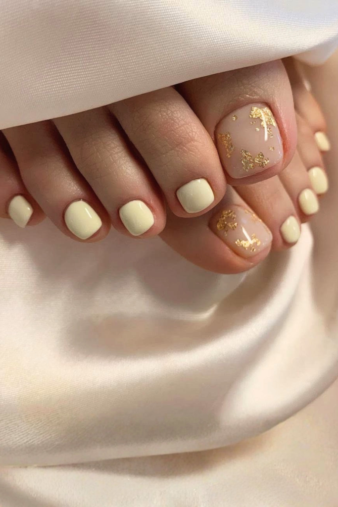 butter yellow toe nails with glossy finish, trendy summer pedicure color idea for bright and fresh nails