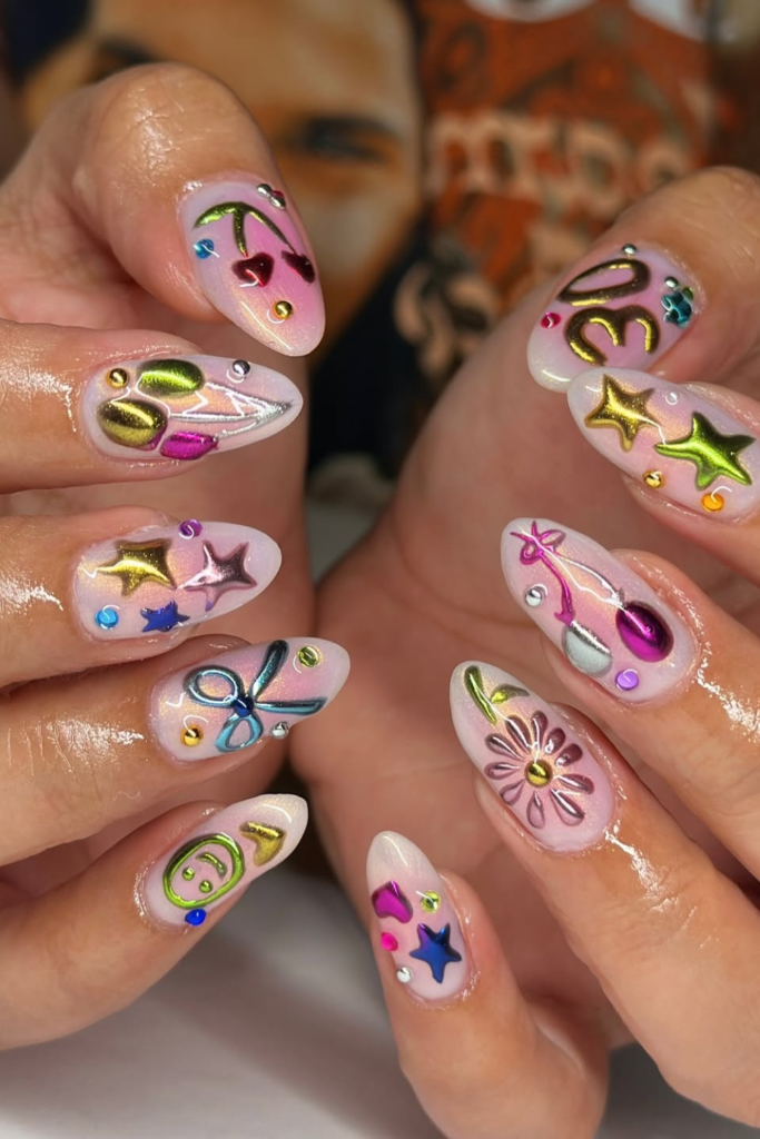 chrome drip summer birthday nails with metallic effect and bold glossy nail design