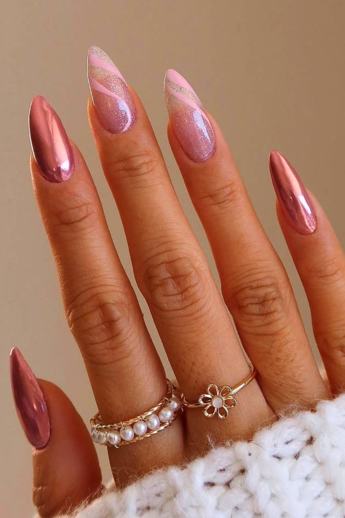 chrome pink summer birthday nails with mirror shine and glossy finish for party look