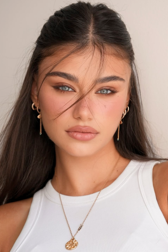 clean girl glowy makeup with natural skin, soft highlight and minimal look