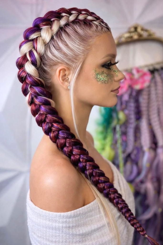 Colored Dutch braids with extensions rave hairstyle for long hair