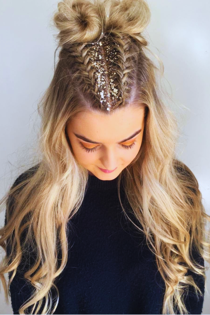 Double space buns with glitter roots colorful rave hairstyle idea