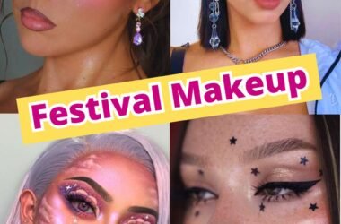 festival makeup ideas with bold colorful eyeshadow and glitter aesthetic look
