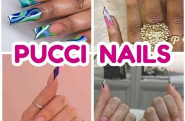Colorful Pucci nails ideas with bold swirl patterns in bright pink orange and blue abstract nail designs