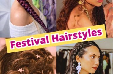 Festival hairstyle ideas collage featuring boho braids, space buns, bubble braids and trendy summer hair looks
