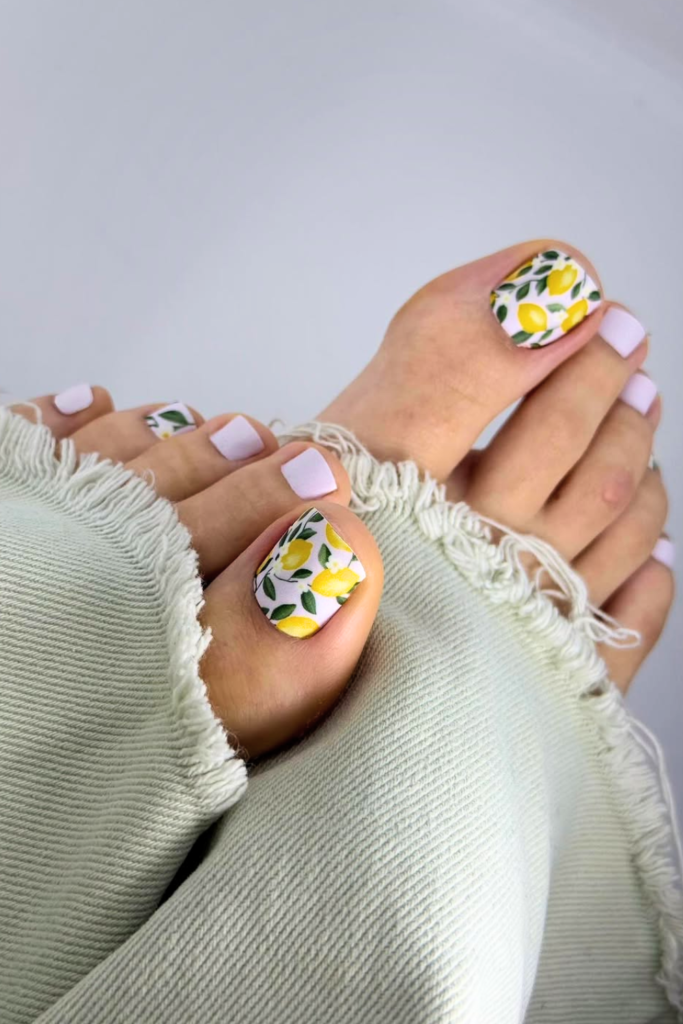 fruit nail art toe nails with lemon design, cute summer pedicure idea for playful nail look