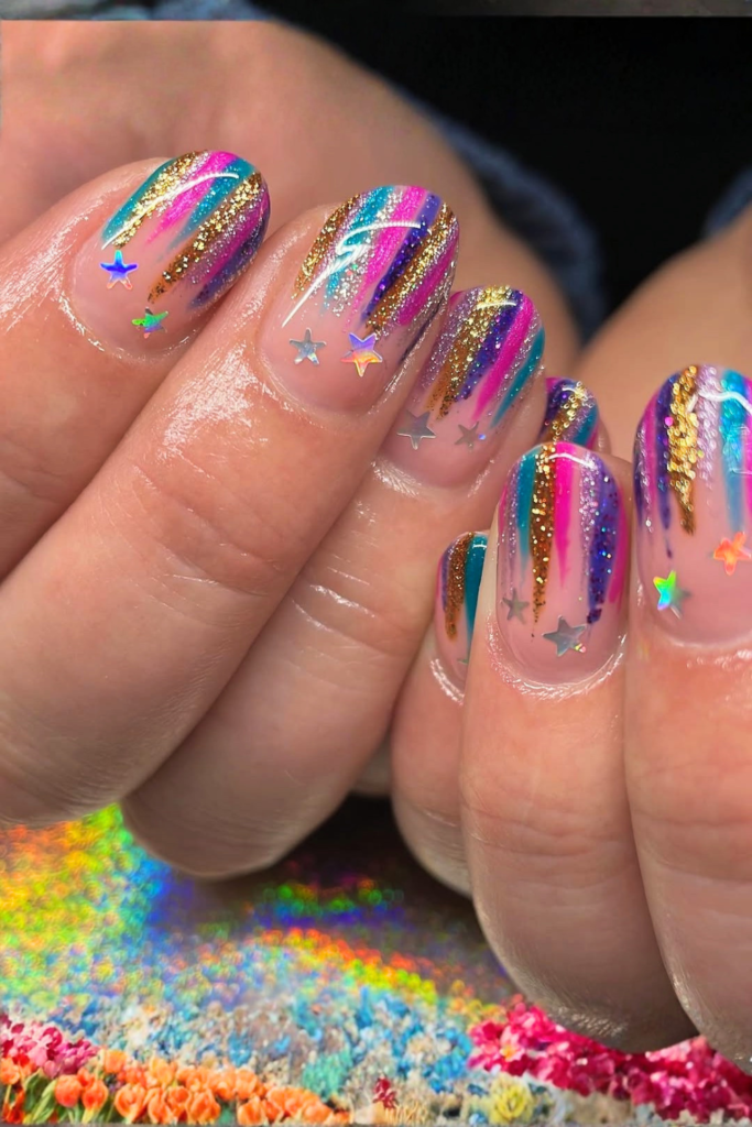 Glitter accent funky nails with bright base and sparkling nail design details