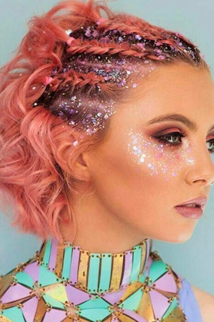 Glitter parting hairstyle trendy festival hair with sparkle