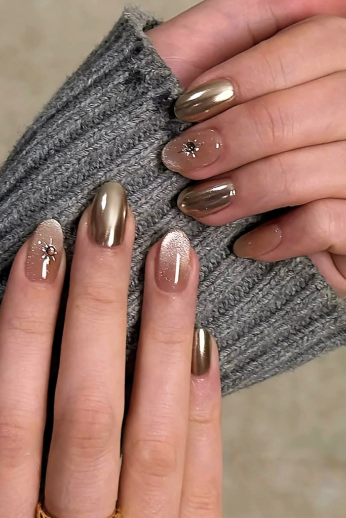 gold chrome accent nails neutral base classy summer nail design elegant look