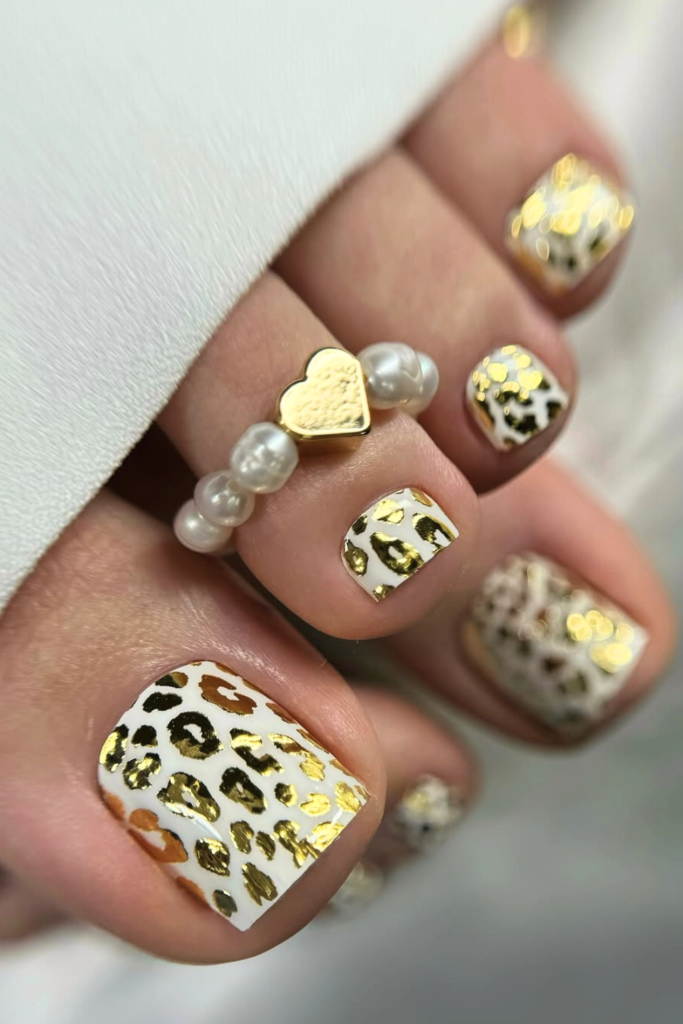 gold foil toe nails with metallic accents, classy summer pedicure idea for elegant nail designs