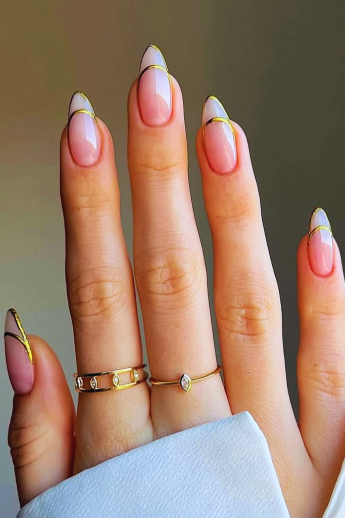 minimal gold line summer birthday nails with thin metallic accents and nude base