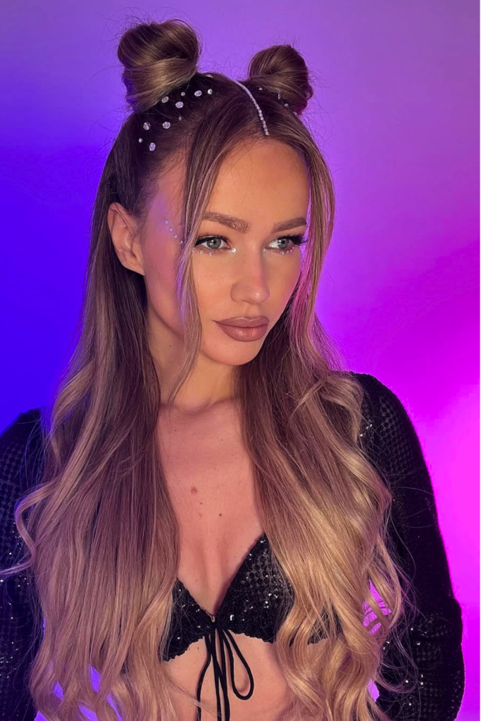 Half up space buns with gems trendy rave festival hairstyle