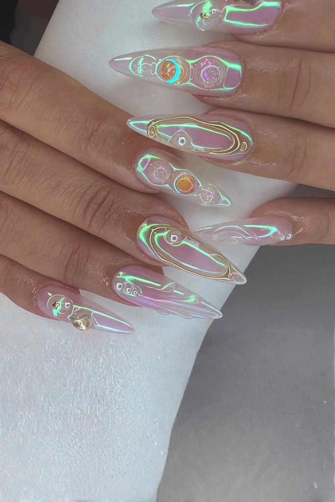 Iridescent pearl festival nails with soft glowing finish and elegant nail art look