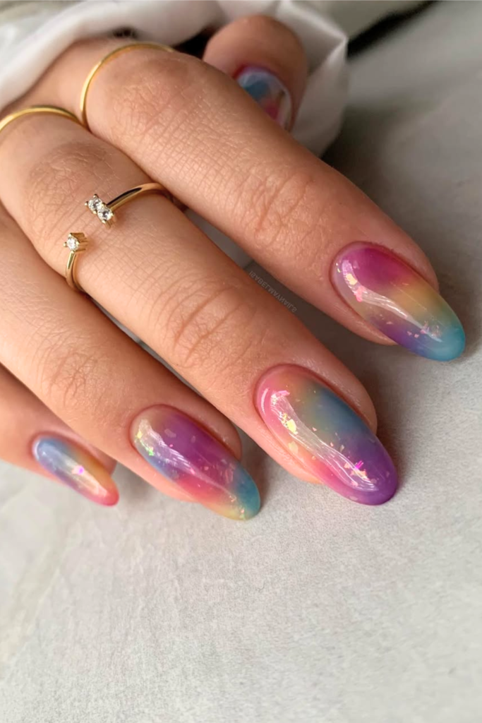 jelly summer birthday nails with sheer glossy colors and playful translucent finish