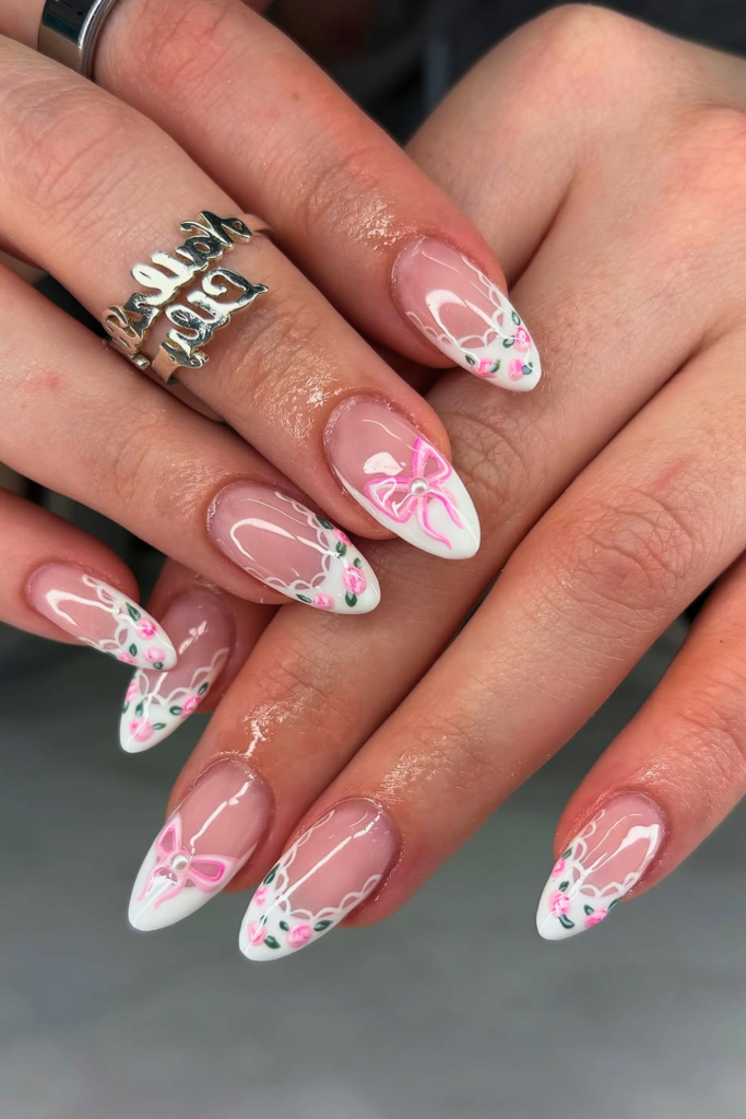 lace summer birthday nails with delicate pattern and soft aesthetic nail design