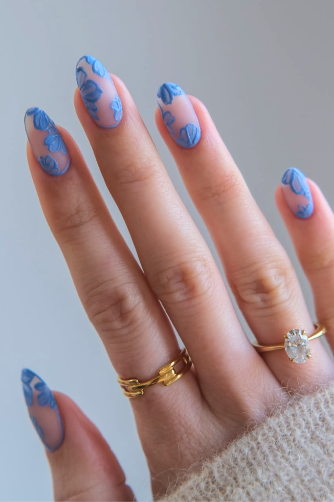 micro blue nail art on neutral base simple nail design