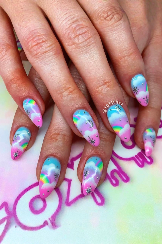 Pastel clash funky nails with soft colorful tones and trendy nail design