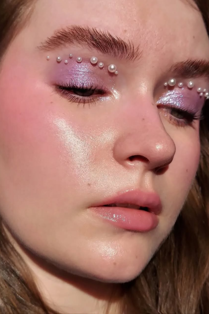 pastel lavender eyeshadow with glowy skin and soft dewy makeup aesthetic