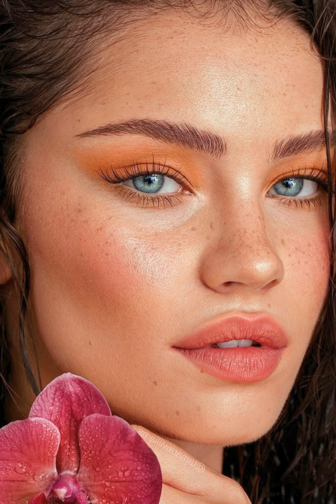 peach monochrome makeup look with glowy skin, soft blush and natural glow finish