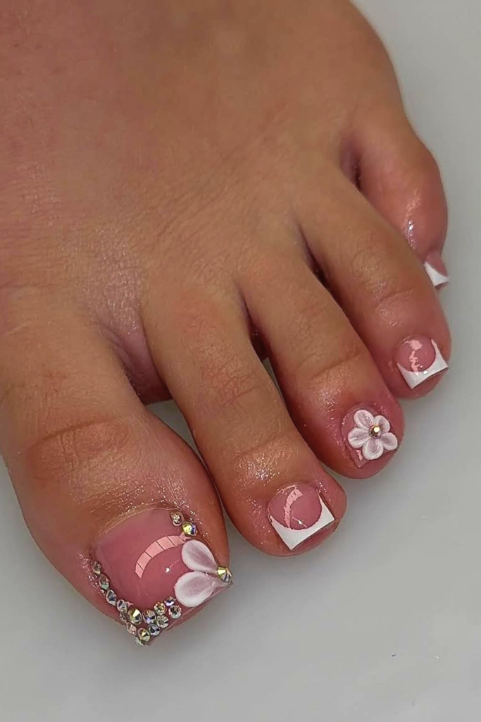 pearl embellished toe nails with soft details, classy summer pedicure idea for elegant and minimal nails