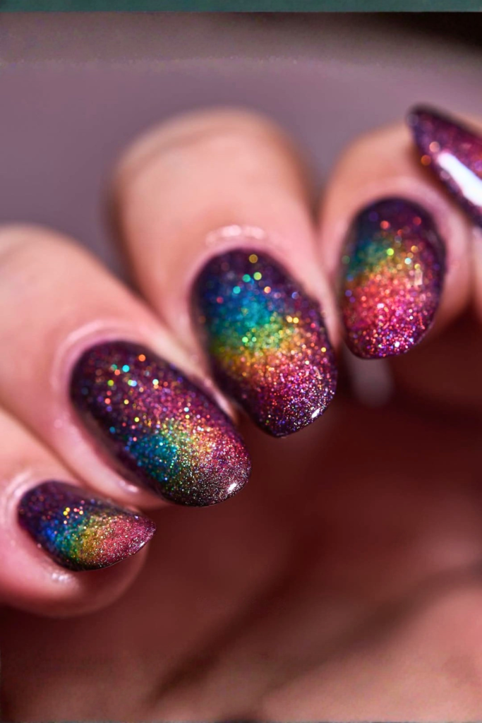 Rainbow gradient summer nails with smooth color blend and bright nail design