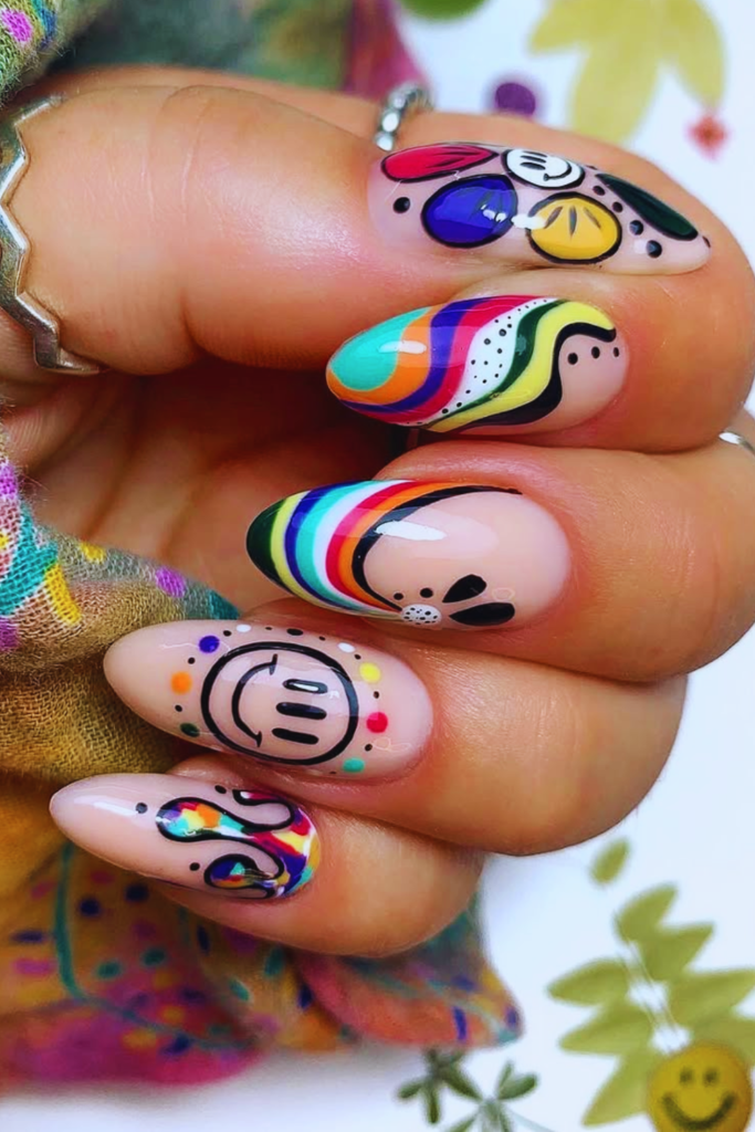 Retro 90s funky nails with bright colors and playful nail design inspiration