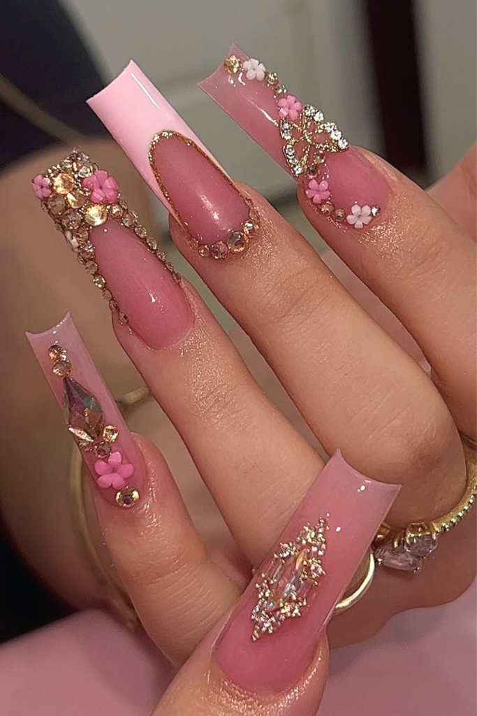 rhinestone summer birthday nails with subtle gems and sparkling glossy nail design