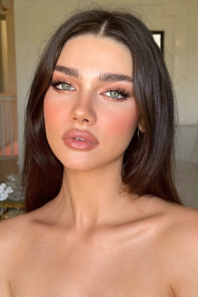 soft nude glossy makeup with natural glow skin and subtle glam finish