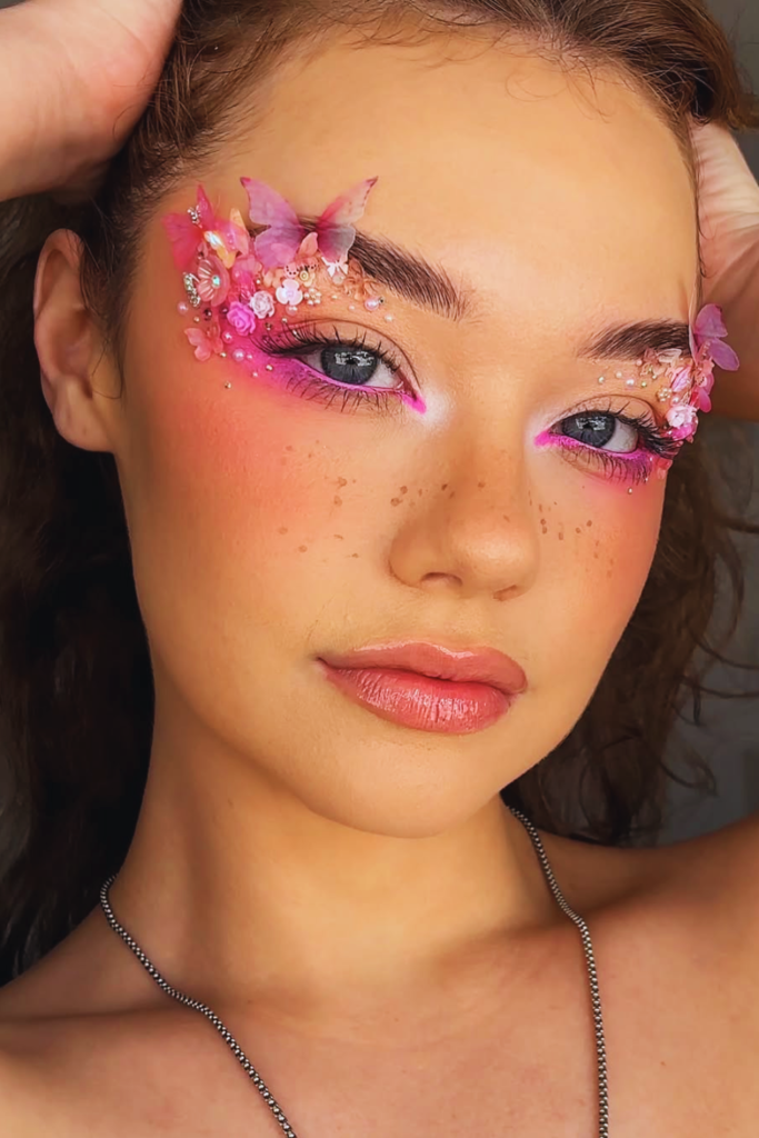 soft pink fairy glowy makeup with dewy skin, blush draping and subtle shimmer highlight