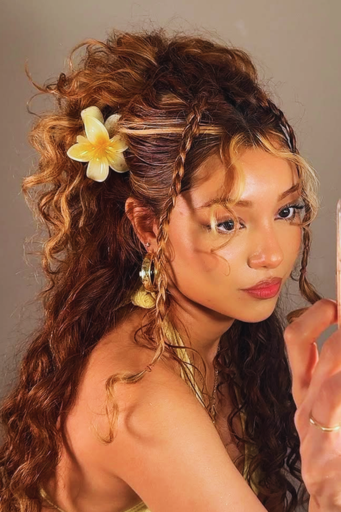 Soft waves with floral clips aesthetic festival hairstyle idea