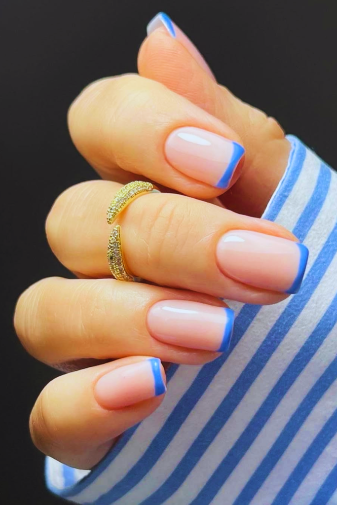blue French tip nails thin line minimalist nail idea