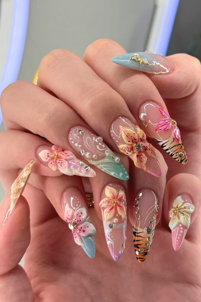 tropical summer birthday nails with colorful fruit designs and vacation inspired style