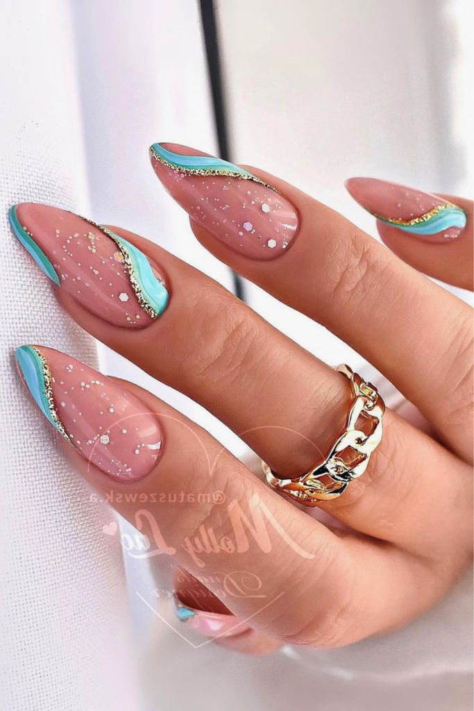 tropical blue nails with white accents vacation nail design