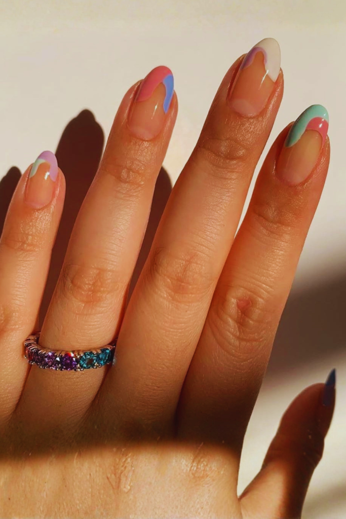 two tone French tip summer birthday nails with colorful tips and glossy base