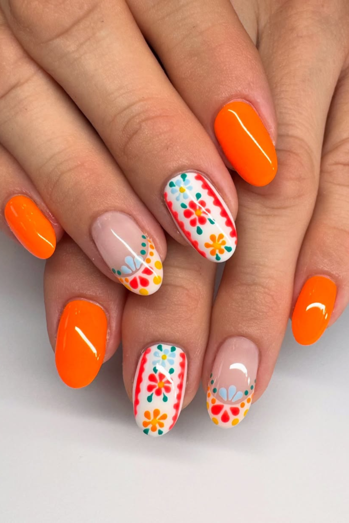 Vacation tropical funky nails with bright colors and summer nail design ideas