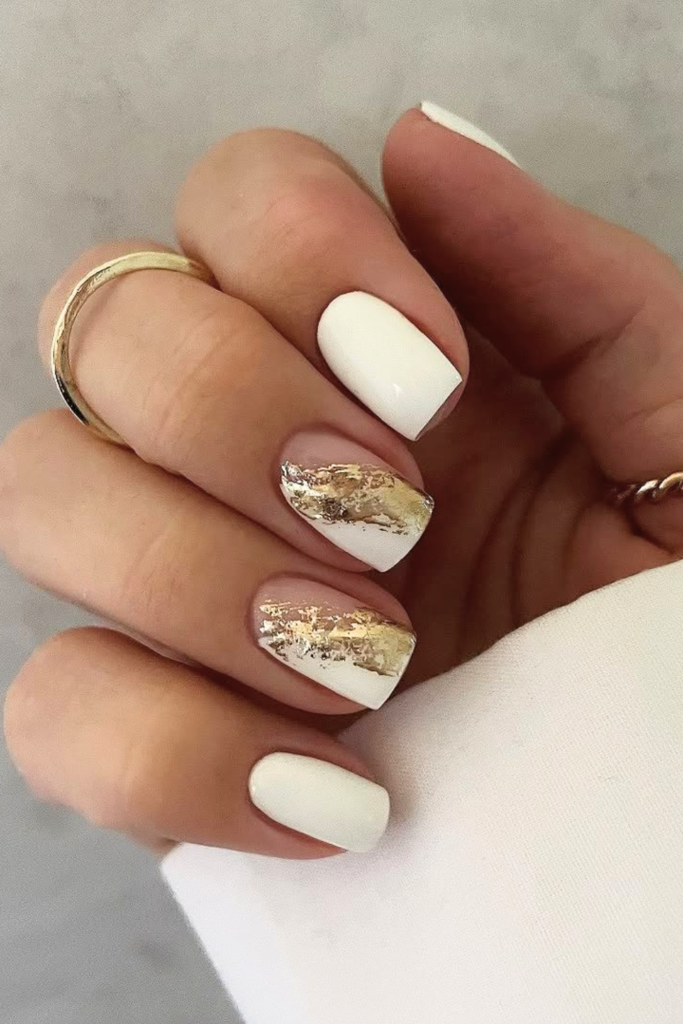white and gold foil nails luxury summer manicure classy vacation nail design