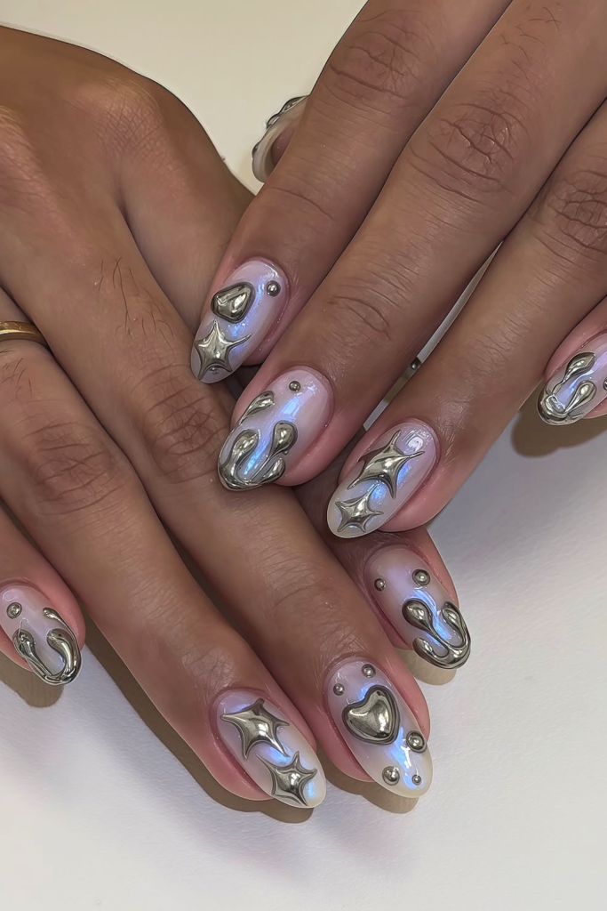 Y2K cyber rave nails with neon colors, chrome accents, and futuristic nail art style