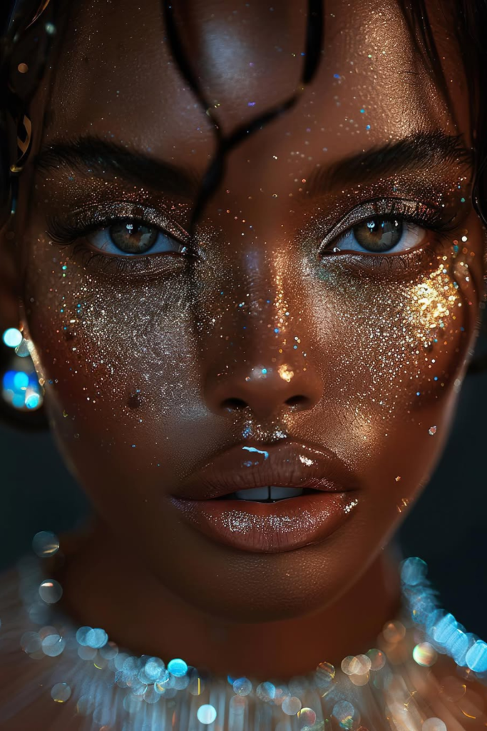 AI-inspired fantasy glam with chrome makeup and luminous skin