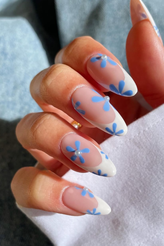 Almond manicure with modern French design