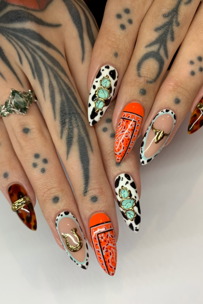 Almond country girl nails with glossy finish