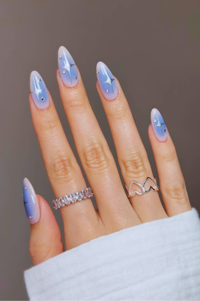 Aura almond nails with soft blended patriotic nail colors