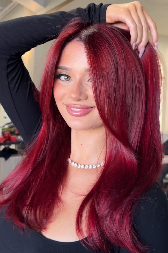 Black cherry hair color idea for brunettes with glossy deep red tones