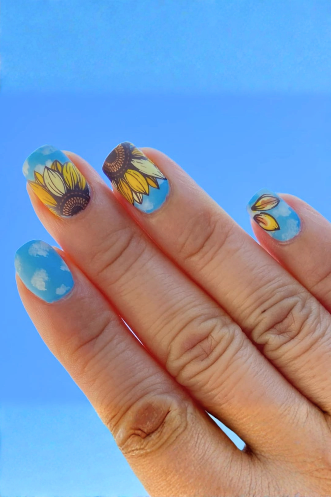 blue nails with sunflower art fresh colorful summer design